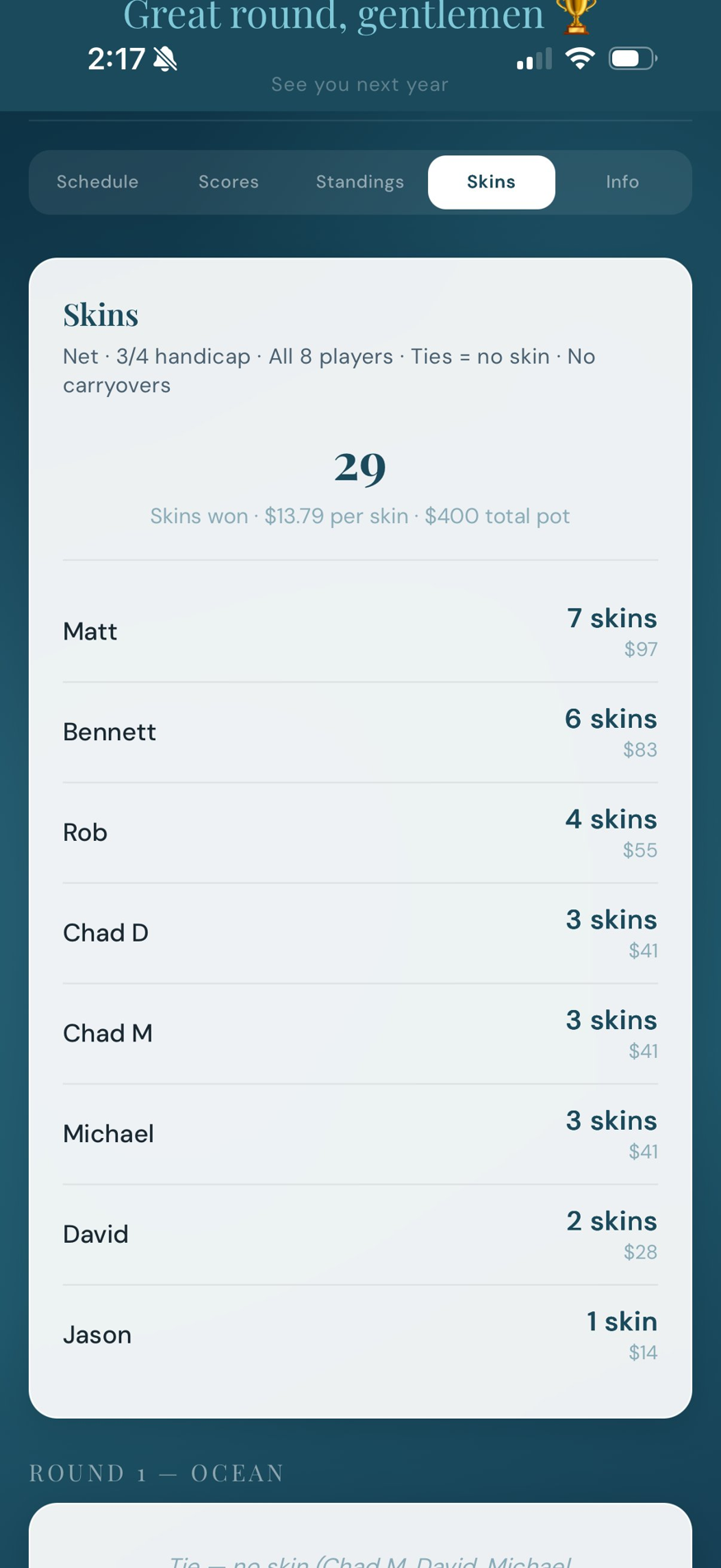 Skins page with per-skin payouts
